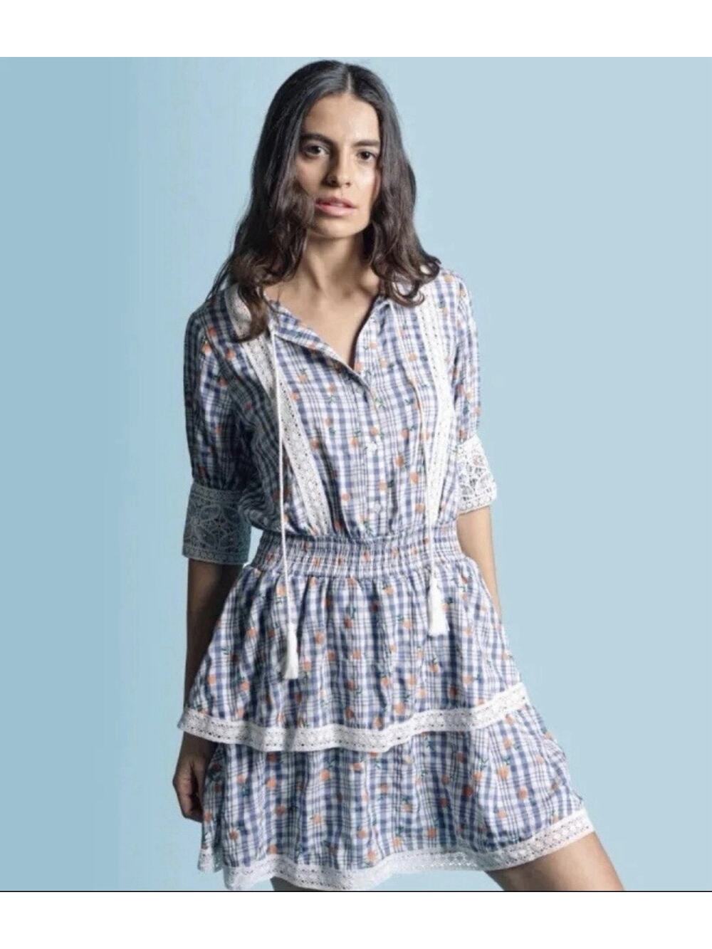 The Shirt Rochelle Behrens Blue Plaid Tassel Tie Lace Trim Mini Dress Large